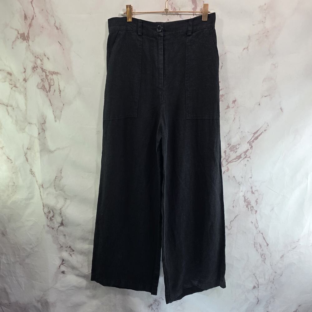 First Rite Pants Womens XS Black Linen Trousers Wide Leg Flare High Rise PDX